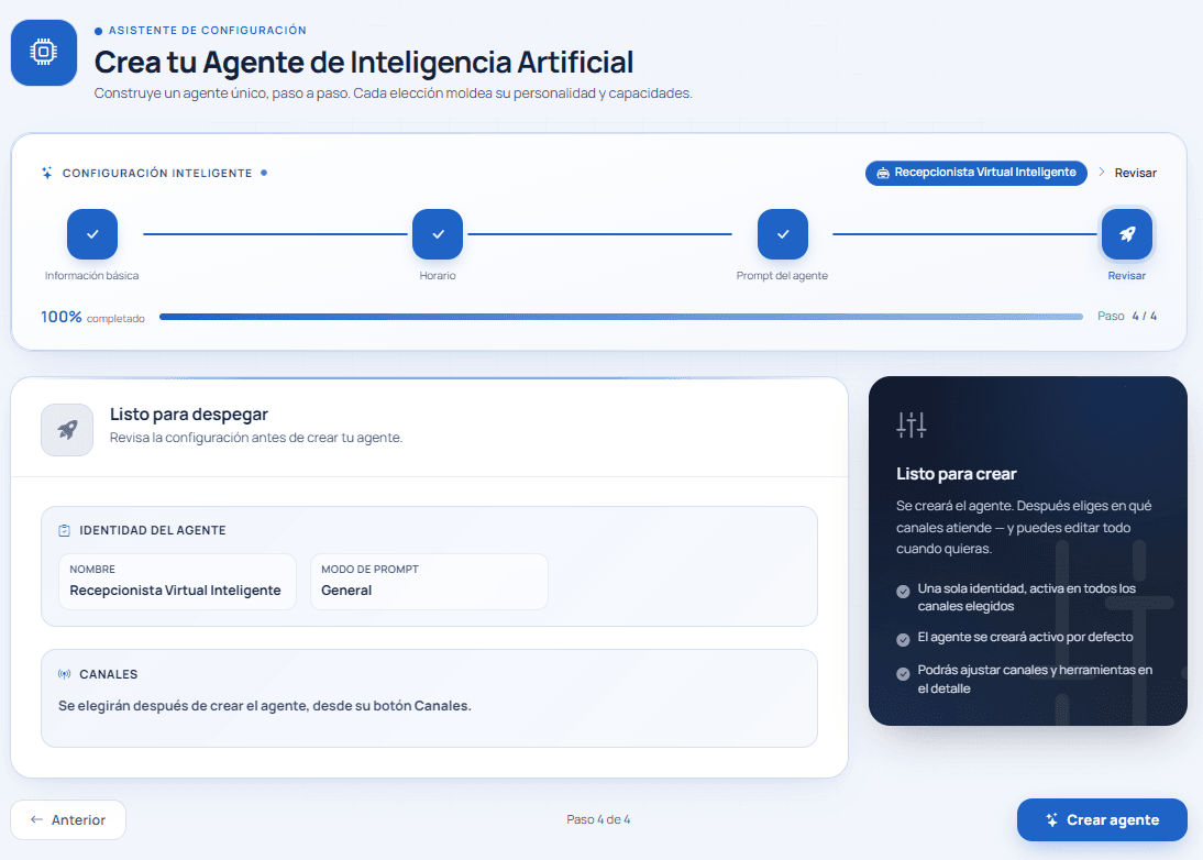 Pantalla Listo para despegar con el botón Crear agente
